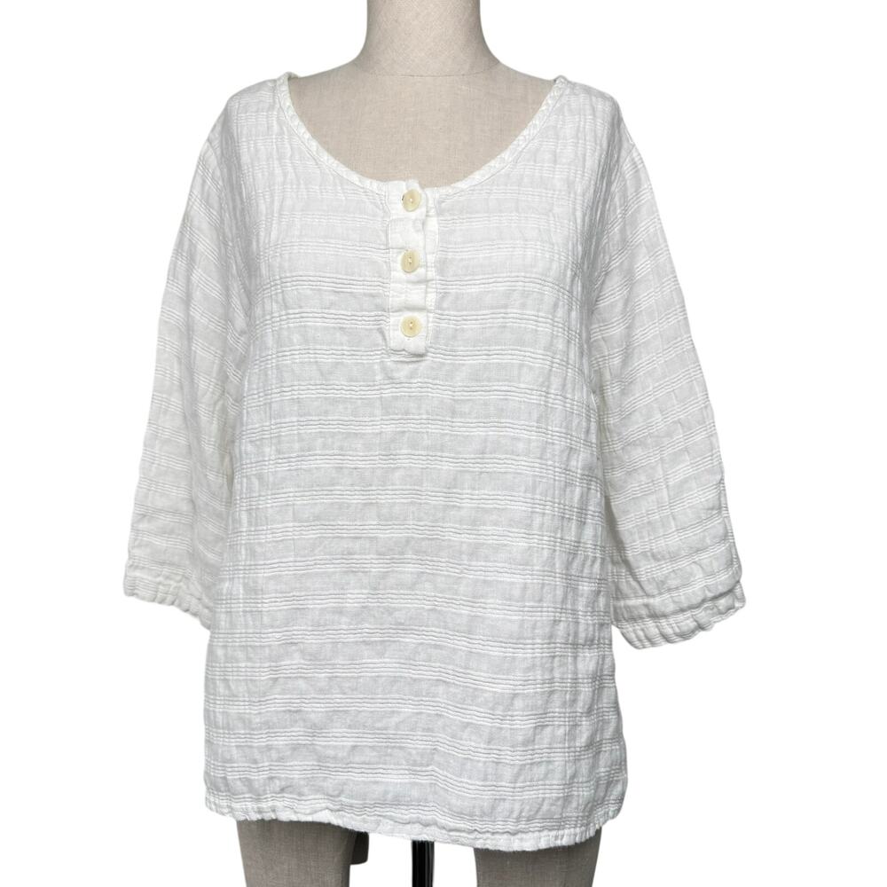 FLAX 100% Linen White Textured Flowy Tunic Top Medium Boho Coastal